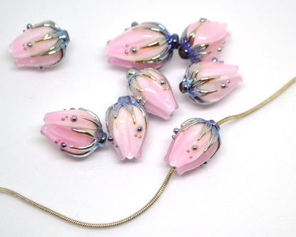 Milk pink and gold flower glass beads, Floral lampwork, Beads for jewelry, Artisan lampwork, Light pink beads, Handmade glass beads for you