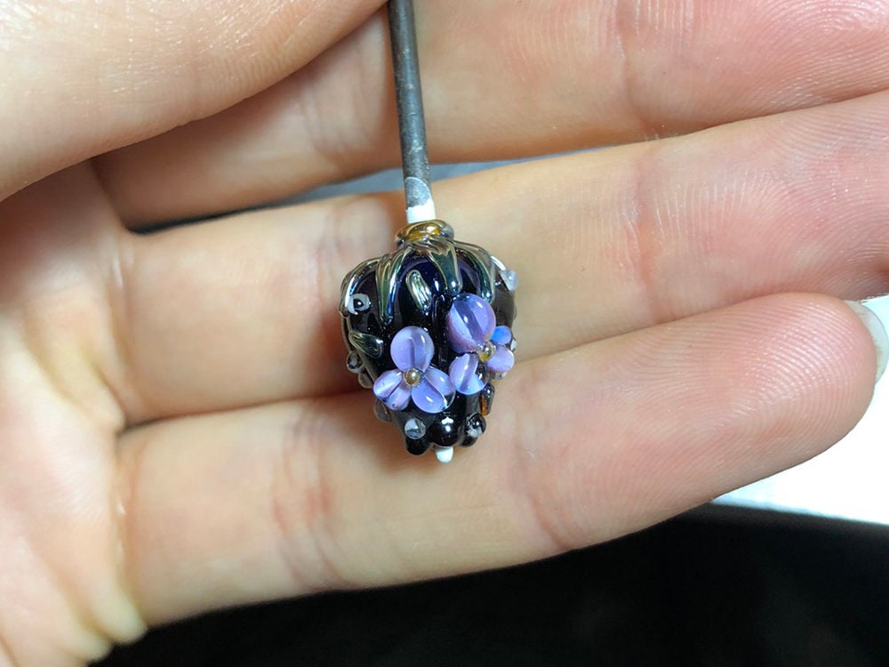Purple black flower bouquet lampwork beads, Lampwork earrings DIY, SRA lampwork, Artisan lampwork, Designer beads, 17-21mm glass beads