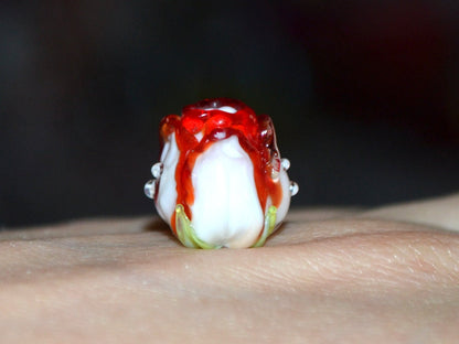 Red white rosebud beads, Red floral lampwork, Lampwork Earrings DIY, Glass rose beads, Spring lampwork, SRA beads, Lampwork pair