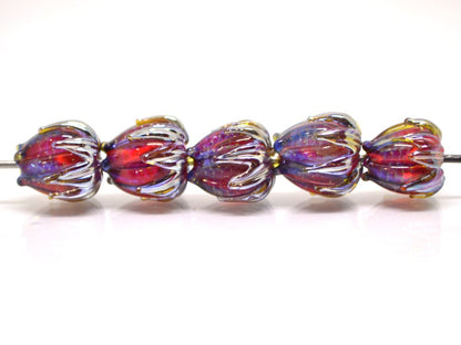 Ruby red silver flower beads, 10mm flower beads, Lampwork flower bead, Glass beads, Floral lampwork, Artisan lampwork, Handmade beads