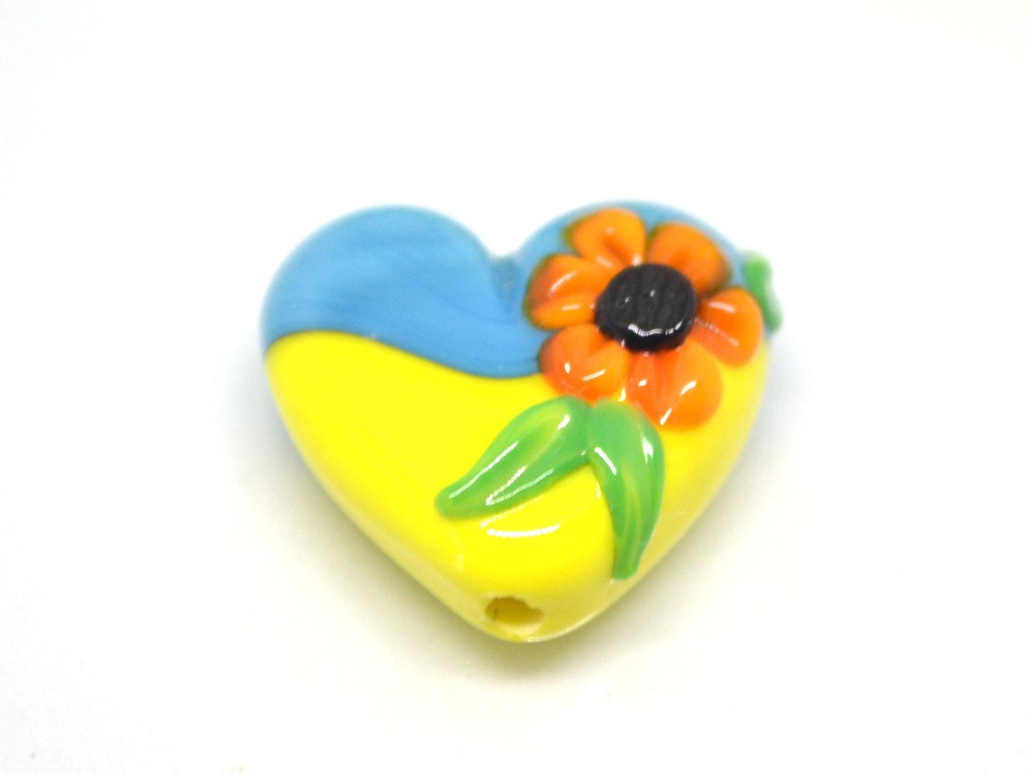 Yellow Blue Glass Heart, Lampwork Heart pendant, Heart with Sunflower, Ukraine symbol, Handmade lampwork, Stand with Ukraine