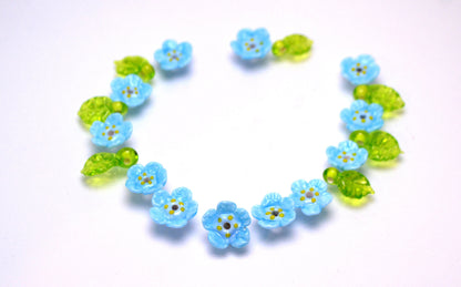 blue jewelry flower blue flower bead necklace making set bracelet making set handmade jewelry green leaf glass artisan lampwork  wildflower