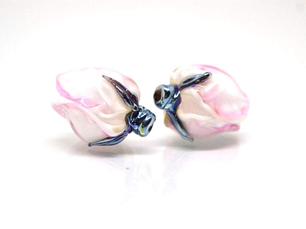 Tender pink flower beads, Lampwork floral beads, Glass flower beads, Pink silver floral beads, Artisan lampwork, Flower earrings DIY