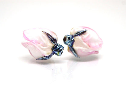 Tender pink flower beads, Lampwork floral beads, Glass flower beads, Pink silver floral beads, Artisan lampwork, Flower earrings DIY