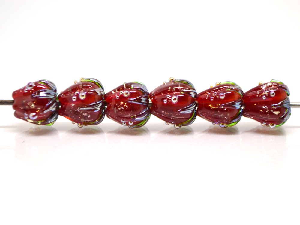 Bright red sparkle flower beads with silver dots, Floral lampwork, 10mm glass beads