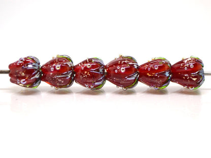 Bright red sparkle flower beads with silver dots, Floral lampwork, 10mm glass beads