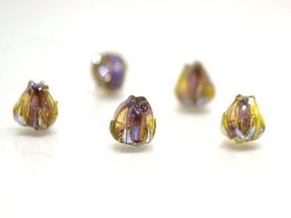Purple green flower beads, Purple yellow floral beads, Netting pattern beads, 7mm glass beads, Tiny flower beads, Artisan lampwork beads