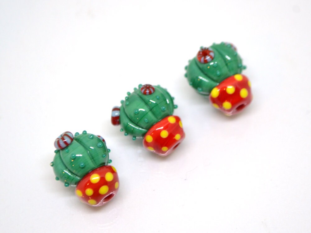 Lampwork red green cactus flower beads in red pot, Wilderness plants, Desert flower, Cactus flower pendant, Succulent beads,Artisan lampwork