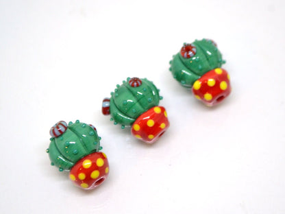 Lampwork red green cactus flower beads in red pot, Wilderness plants, Desert flower, Cactus flower pendant, Succulent beads,Artisan lampwork
