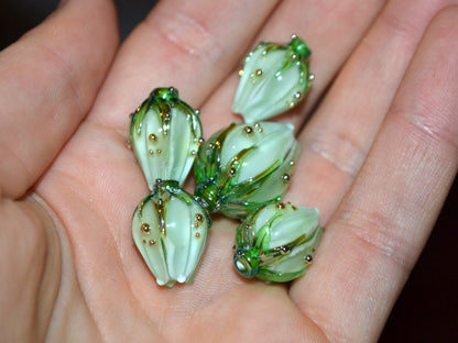 Mint green lampwork flower beads, Handmade lampwork beads, Floral glass pendant, Fresh green glass beads