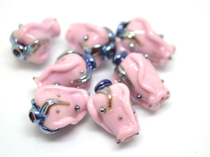 Pink twisted rosebud  beads, Opaque pink Glass rose bud Bead, Flower lampwork bead, Artisan lampwork beads