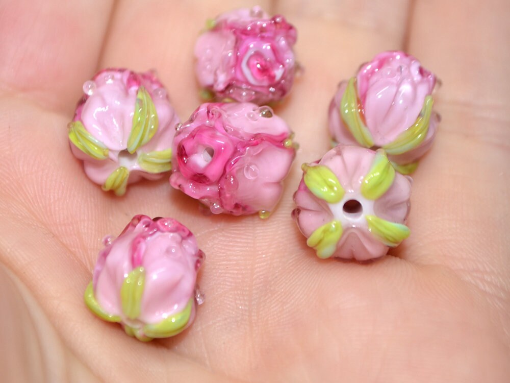 Bright Pink rosebud beads, Ombre glass beads, Gradient floral lampwork, Pink glass beads, Handmade glass beads, Lampwork one bead