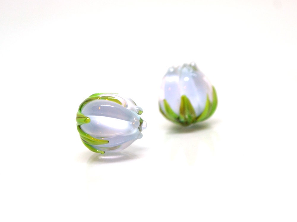 Pale blue and pink flower beads, Pastel Floral glass beads with green leaves, 12mm flower beads, Easter, Artisan lampwork