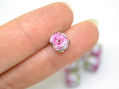 Pink white 8mm rosebud beads with green leaves, Pink Floral beads, Lampwork Rose beads, Flower glass beads, Flower Earrings,Artisan Lampwork