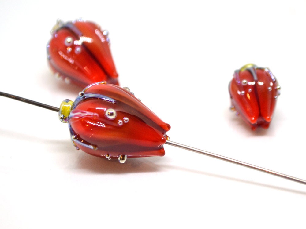 Deep red lampwork flower beads, Dark red glass floral beads, Large flower beads, Floral glass pendant, Focal lampwork