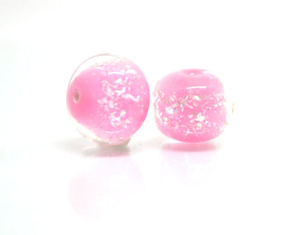 Pink lampwork foil beads, Handmade glass, Artisan lampwork, Shimmering Sparkling Round Silver Wedding jewelry making bead bride set bracelet