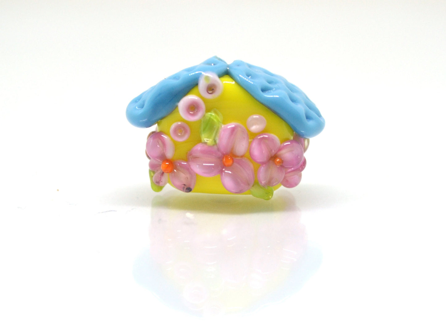 Yellow Blue house with flowers, Lampwork House pendant, Ukraine symbol, Ukrainian flag colors, Volume house, Stand with Ukraine