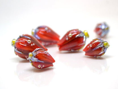 Deep red lampwork flower beads, Dark red glass floral beads, Large flower beads, Floral glass pendant, Focal lampwork