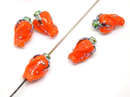 Orange silver twisted rosebud  beads, Flower lampwork bead, SRA beads, Bright colors