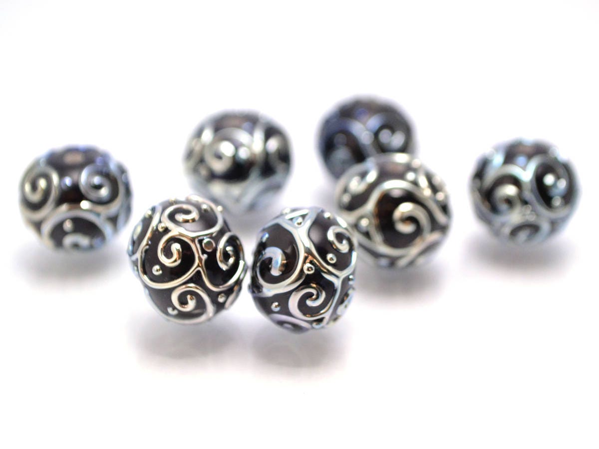 black red lampwork handmade bead artisan lampwork bead set jewelry making round bead silver curl dots red and black glass lampwork beads