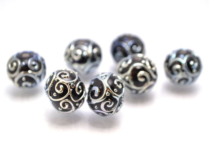 black red lampwork handmade bead artisan lampwork bead set jewelry making round bead silver curl dots red and black glass lampwork beads