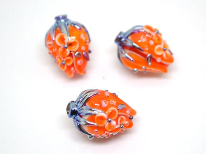 Orange silver flower bouquet lampwork beads, Bright lampwork beads, Artisan lampwork, SRA beads