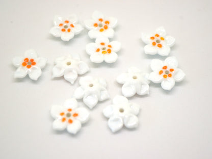 White orange glass flower beads, 5 Petals floral lampwork, Field flower bead, Meadow flowers, Artisan lampwork bead