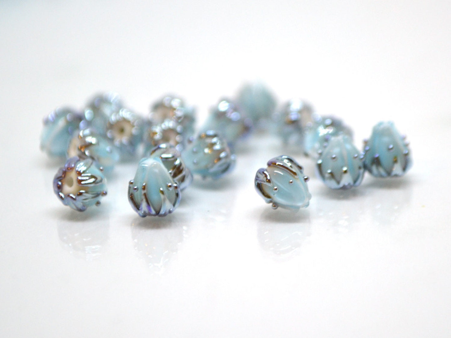 Very small 7mm pale blue and silver flower glass beads, Tiny flower beads,  Half drilled beads, Drilled Flowers