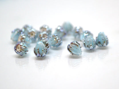 Very small 7mm pale blue and silver flower glass beads, Tiny flower beads,  Half drilled beads, Drilled Flowers