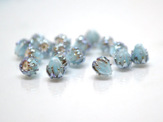 Very small 7mm pale blue and silver flower glass beads, Tiny flower beads,  Half drilled beads, Drilled Flowers