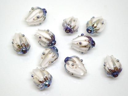 White flower glass beads, White blue gold lampwork beads handmade, Wedding jewelry making Beads for earrings Flower pendant Artisan lampwork