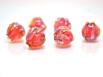 Red orange silver floral beads, Flower lampwork bead, 10mm flower beads, Lampwork flower glass beads, Artisan lampwork, bright glass beads