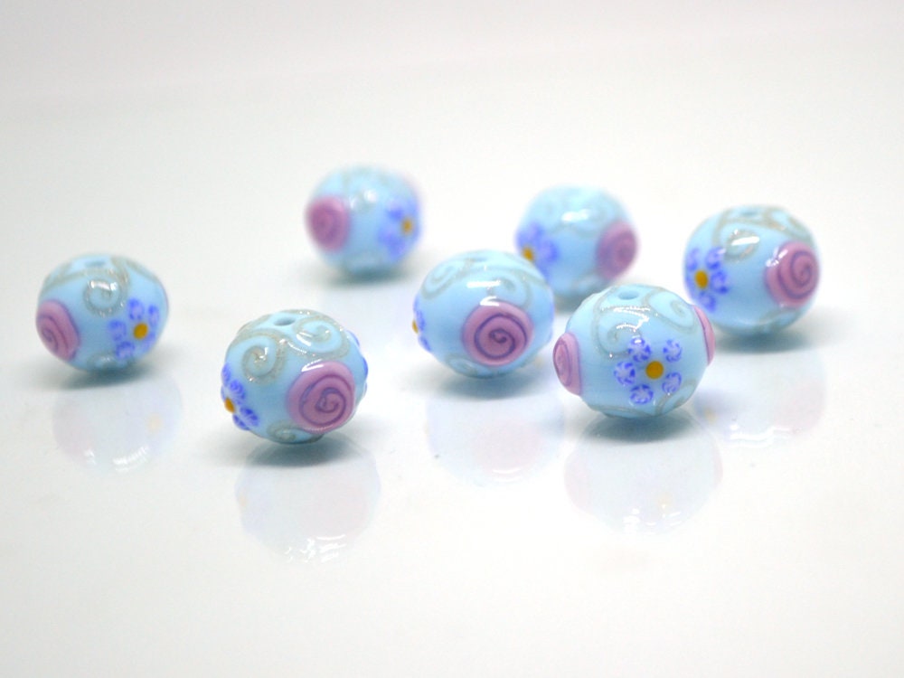 Venetian glass beads - Sky blue handmade beads with pink flowers and gold swirl, Artisan Lampwork Vintage glass bead Rondelle Jewelry making