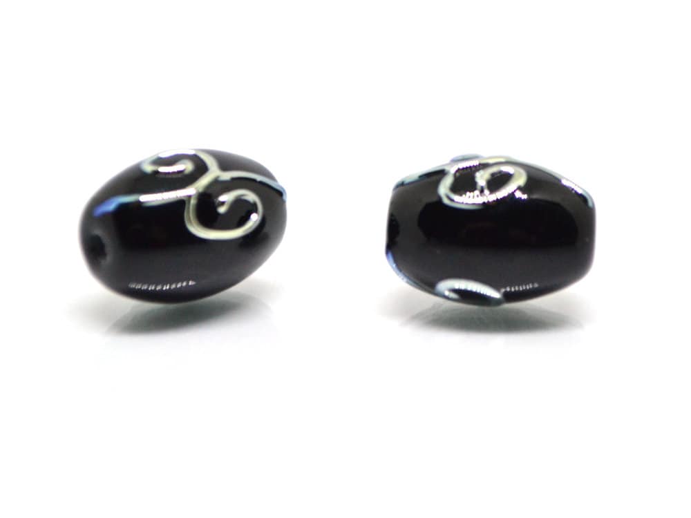 Black oval glass beads silver mirror curles, Barrel rice lampwork beads for you, Crafts beads, Jewelry supply, Artisan lampwork Glossy black