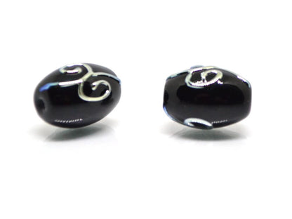 Black oval glass beads silver mirror curles, Barrel rice lampwork beads for you, Crafts beads, Jewelry supply, Artisan lampwork Glossy black