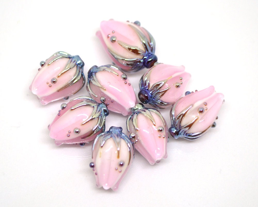 Milk pink and gold flower glass beads, Floral lampwork, Beads for jewelry, Artisan lampwork, Light pink beads, Handmade glass beads for you