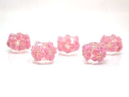 Pink flower beads, Clear Rondelle beads with flowers, Rondelle lampwork, Handmade lampwork, rondelle glass beads, lampwork spacer,Pink bead