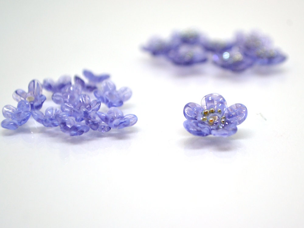 Purple glass beads, Transparent flower beads, Spring flower beads, Floral Bead set, Floral lampwork bead, Mini floral bead, Artisan Lampwork