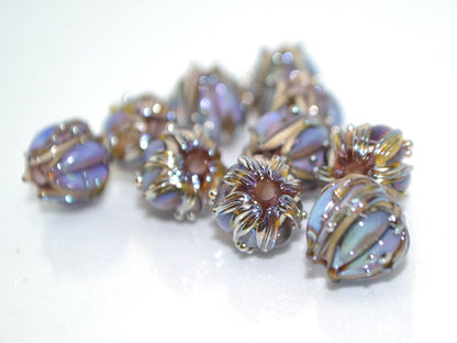 Purple gold glass beads, 10mm flower beads, Sparkle flower bead, Floral theme beads, Floral lampwork, Artisan lampwork, Lavender