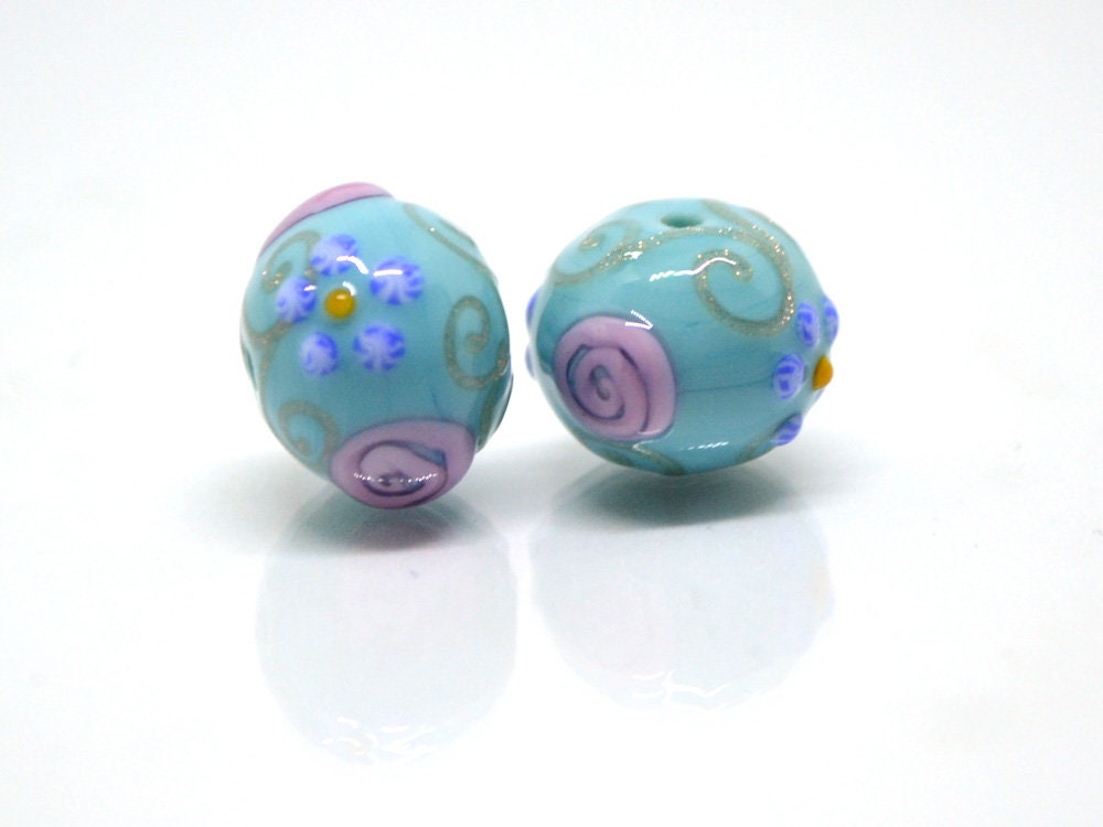 Sea Blue green Glass beads, Venetian Glass,  Vintage beads, Bohemian glass, Vintage jewelry, Beads for necklace, Artisan lampwork, flower