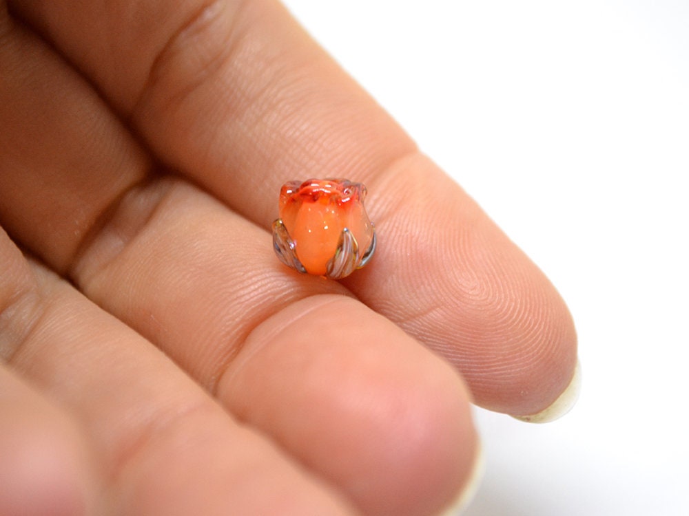 Small 7mm Orange rosebud beads, Rose glass beads, Floral lampwork, Orange glass beads, Handmade Lampwork