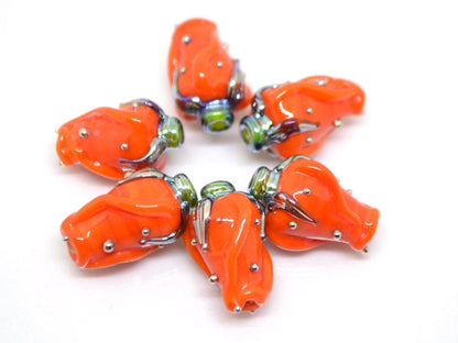 Orange silver twisted rosebud  beads, Flower lampwork bead, SRA beads, Bright colors