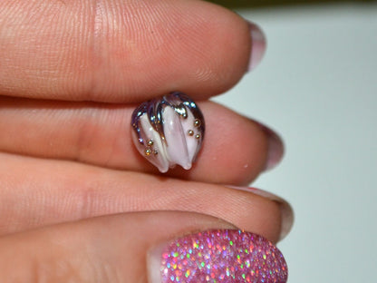 Pale pink glass flower beads purple leaves gold dew, Artisan lampwork, 10mm flower bead, Pastel pink, Floral glass beads, Flower spacer bead