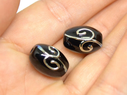 Black oval glass beads silver mirror curles, Barrel rice lampwork beads for you, Crafts beads, Jewelry supply, Artisan lampwork Glossy black