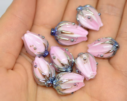 Milk pink and gold flower glass beads, Floral lampwork, Beads for jewelry, Artisan lampwork, Light pink beads, Handmade glass beads for you