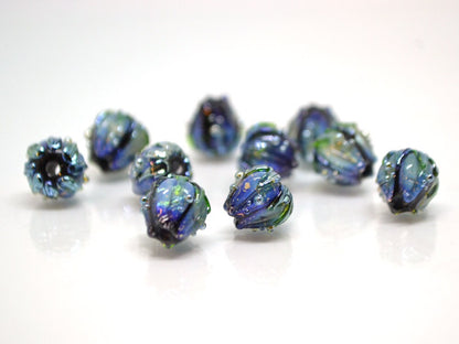 Blue green flower glass beads, Artisan lampwork floral beads, 10mm flower beads, garden beads, floral theme bead Handmade Lampwork bead set