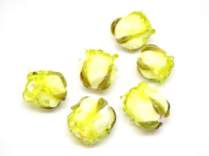Green yellow rose bud beads, Lampwork rose beads, Salad green beads, Verdant Artisan lampwork, Floral Lampwork,Glass flower jewelry,Handmade