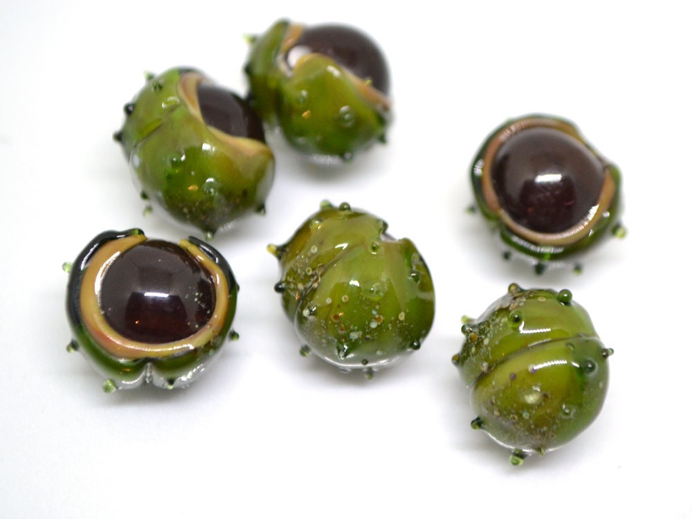 Lampwork chestnut beads, Handmade lampwork bead, Forrest glass beads, Green brown glass beads, Berry beads, Food glass bead,Artisan lampwork