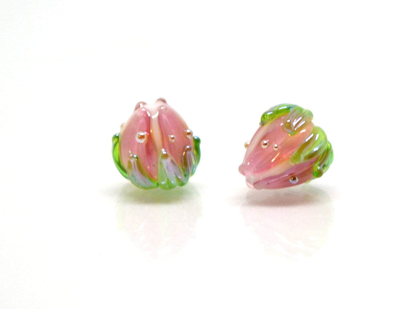 Light pink flower beads with green leaves, Tiny glass beads, through hole, 7mm flower beads, Artisan lampwork,