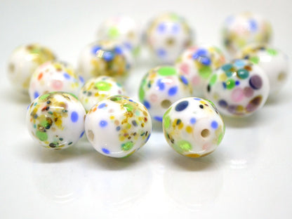 Colorful dots on white murano glass beads, Rainbow glass beads, Ethnic beads, Venetian style beads, Handmade beads, Artisan lampwork